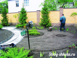 Процесс прокатки почвы для газона специальным катком