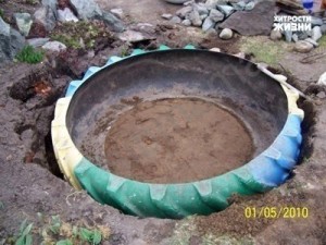 Выкапываем котлован и укладываем покрышку